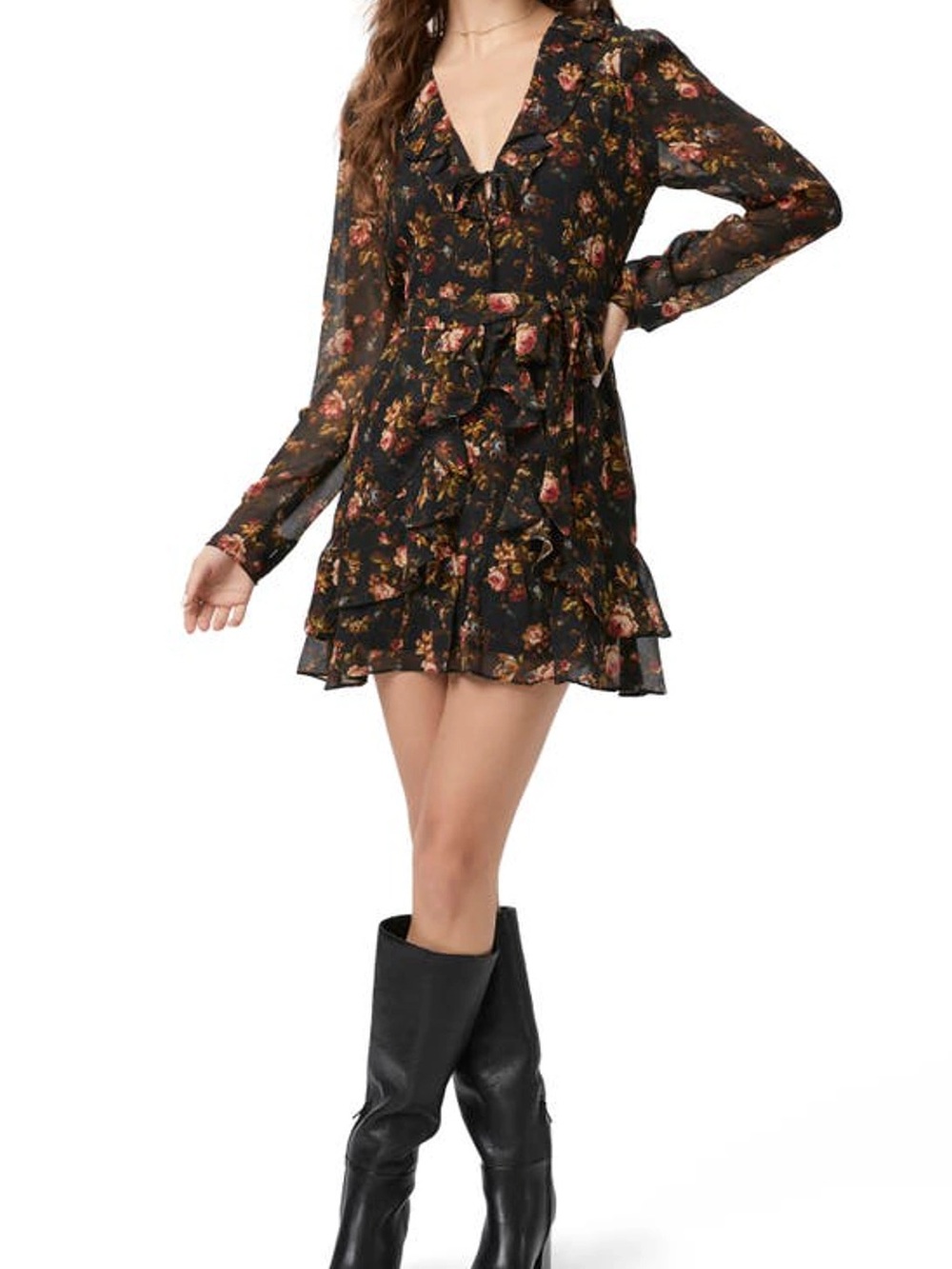 PAIGE Black Floral Ruffle Tie-Waist Long Sleeve Mini Dress